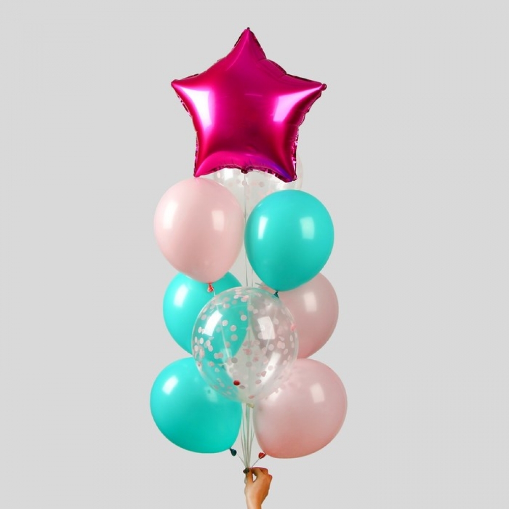 491. Фонтан из шаров: Фольгированные звезды, шары с блестками, обычные шарики
