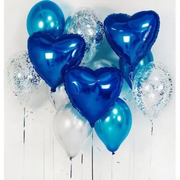 864. Фонтан синих сердечек: Фольгированные цветные сердечки, латекс прозрачные, с блестками