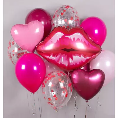 868. Фонтан с губами: Фольгированные сердечки, латекс розовые, малиновые, прозрачные с блестками