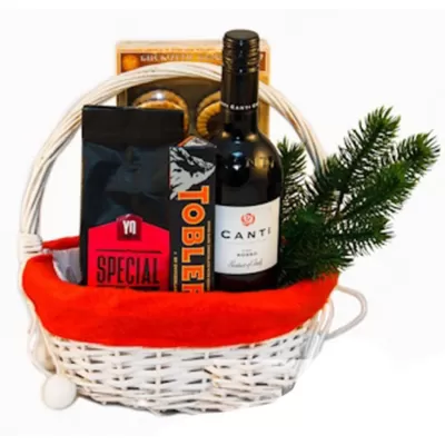 Подарочная корзина 351: Красное сухое вина 0,7, кофе молотый, шоколад таблерон и песочное печенье